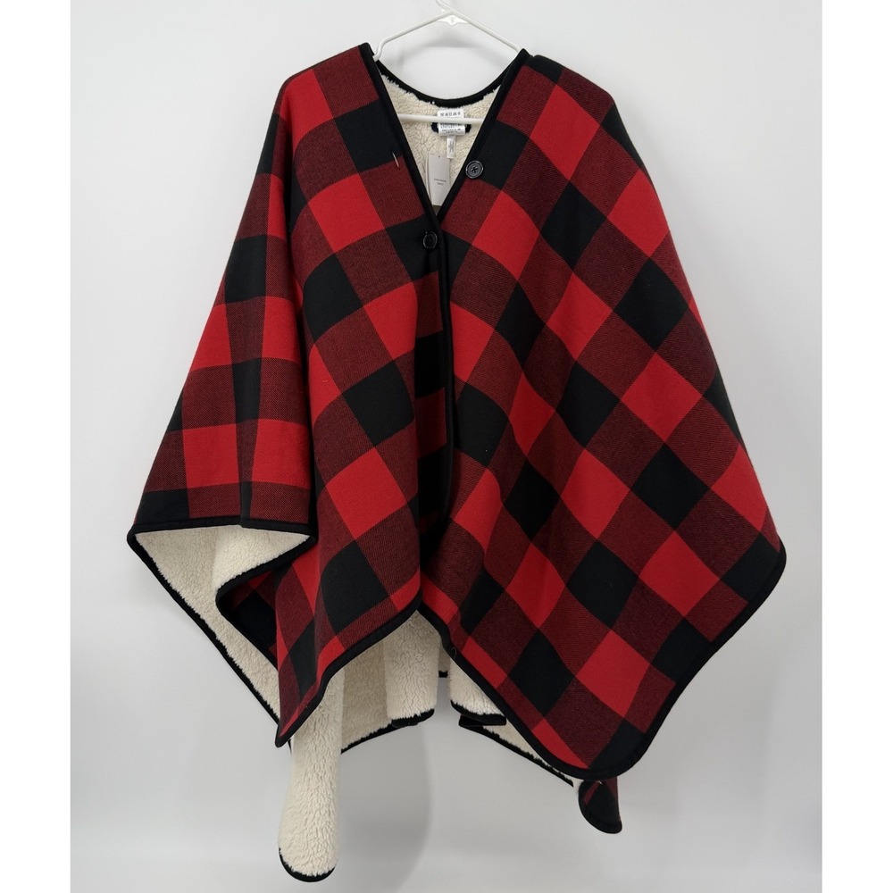 Lands End Buffalo Plaid Red Black Cape Reversible Shawl Poncho One Size